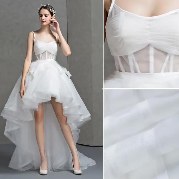 Romantisk Vit Spaghettiband Bröllopsklänningar Prinsessa Ärmlös 2017 Halterneck Asymmetrisk Ruffle Organza