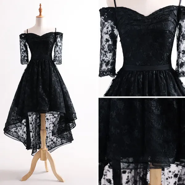 Chic / Beautiful Asymmetrical Cocktail Dresses 2017 Off-The-Shoulder 1/2 Sleeves Spaghetti Straps Lace Formal Dresses