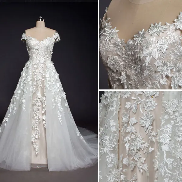 Luxury / Gorgeous Champagne Beach Wedding Dresses 2017 A-Line / Princess Scoop Neck Short Sleeve Appliques Lace Backless Detachable Chapel Train
