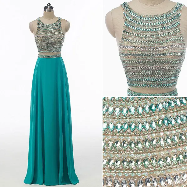 Sparkly Rhinestone Prom Dresses 2017 A-Line / Princess Scoop Neck Sleeveless Heart-shaped Backless Beading Sequins Jade Green Chiffon Floor-Length / Long Formal Dresses
