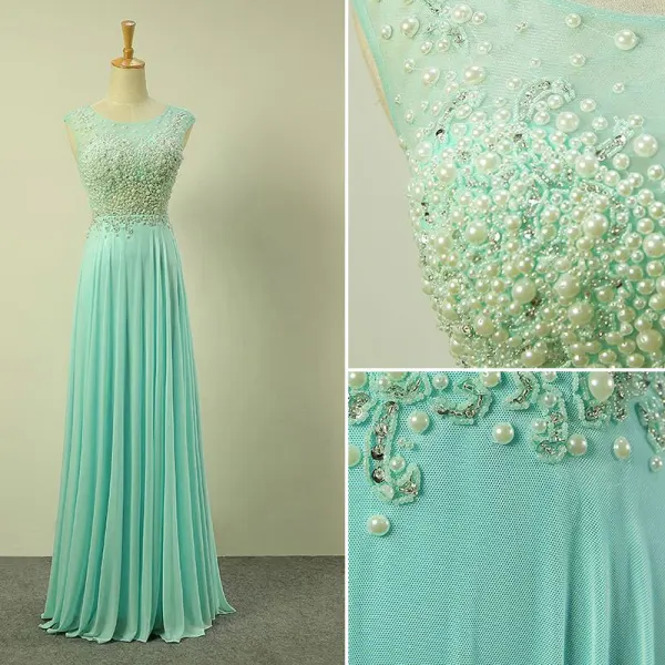 Chic / Beautiful Royal Blue Evening Dresses 2017 A-Line / Princess Scoop Neck Sleeveless Beading Pearl Ruffle Chiffon Floor-Length / Long Formal Dresses