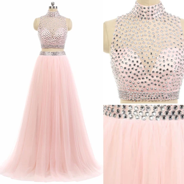 Scintillantes 2 Pièces Rose Bonbon Robe De Bal 2017 Princesse Col Haut Sans Manches Perlage Faux Diamant Tulle Robe De Ceremonie Train De Balayage
