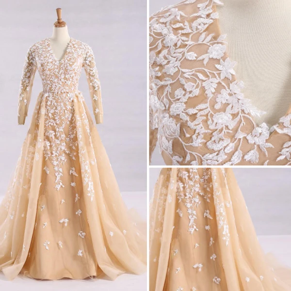 Elegant Champagne Wedding Dresses 2017 A-Line / Princess V-Neck Long Sleeve Appliques Lace Ruffle Tulle Chapel Train