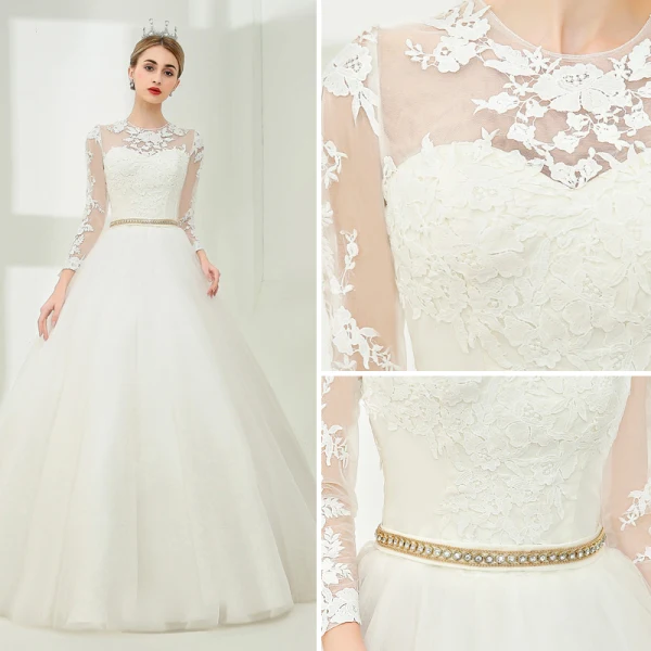 Elegant White Ball Gown Wedding Dresses 2017 Scoop Neck Long Sleeve Appliques Lace Beading Pearl Metal Sash Floor-Length / Long