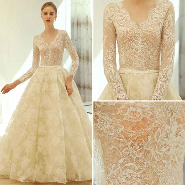 Élégant Ivoire Robe De Mariée 2018 Princesse V-Cou Perlage Ceinture Volants Chapel Train