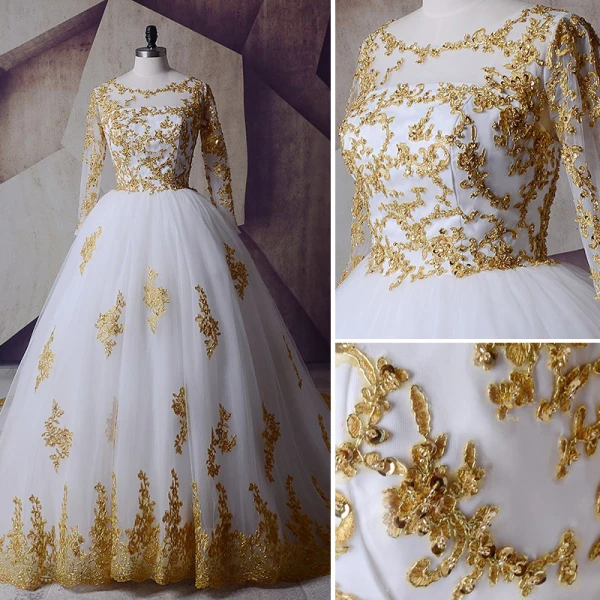 Scintillantes Blanche Doré Robe De Mariée 2017 Encolure Dégagée épaules Manches Longues Appliques En Dentelle Paillettes Robe Boule Royal Train