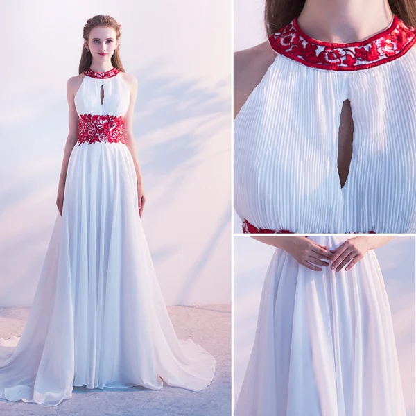 Elegante Weiß Abendkleider 2017 A Linie Ärmellos Rundhalsausschnitt Blumen Mit Spitze Stoffgürtel Rüschen Chiffon Festliche Kleider Hof-Schleppe