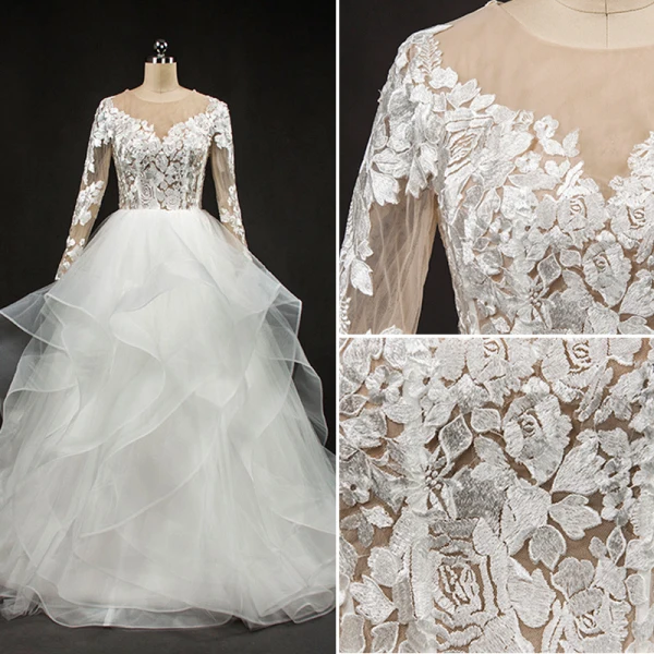 Stunning White Wedding Dresses 2017 Scoop Neck Long Sleeve Backless Pierced Lace Pleated Organza Floor-Length / Long Ball Gown