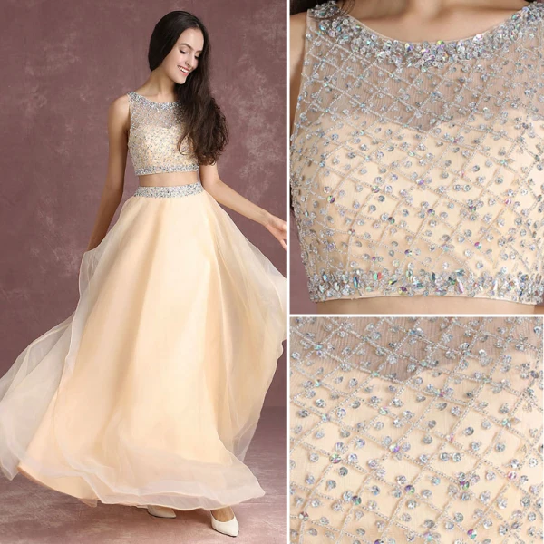Bling Bling 2 Piece Nude Prom Dresses 2017 A-Line / Princess Scoop Neck Sleeveless Ruffle Organza Beading Sequins Floor-Length / Long Formal Dresses