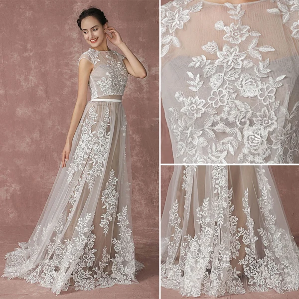 Romantique Plage Champagne Robe De Mariée 2017 Princesse Manches Courtes Encolure Dégagée Appliques En Dentelle Train De Balayage
