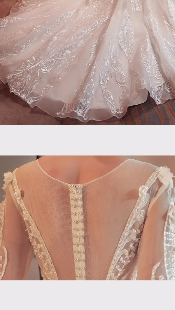 Étourdissant Ivoire Robe De Mariée 2017 Princesse Encolure Dégagée Manches Longues Appliques En Dentelle Fleur Perlage Perle Organza Chapel Train