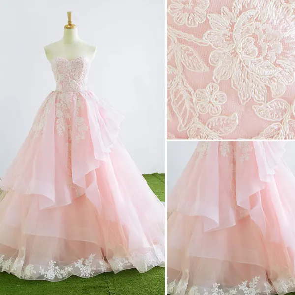 Herlig Prinsesse Kjæreste Uten Ermer Rødmende Rosa Organza Brudekjoler 2017 Appliques Blonder Buste Domstol Tog