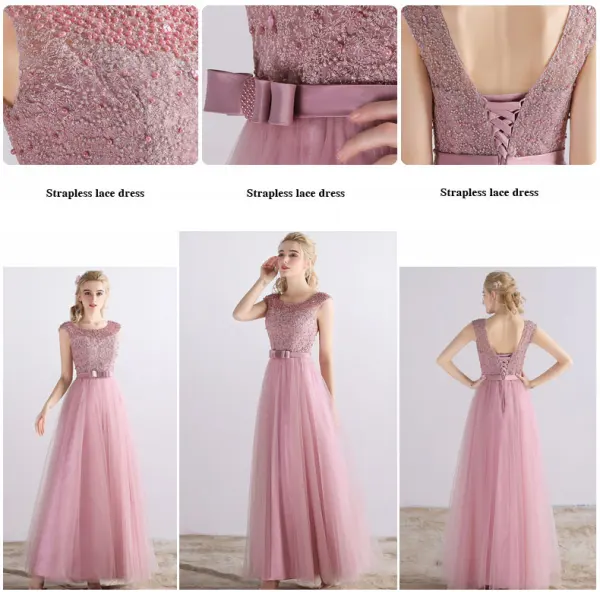Affordable Bridesmaid Dresses 2017 A-Line / Princess Short Sleeve Backless Pearl Tulle Sash Floor-Length / Long Wedding Party Dresses