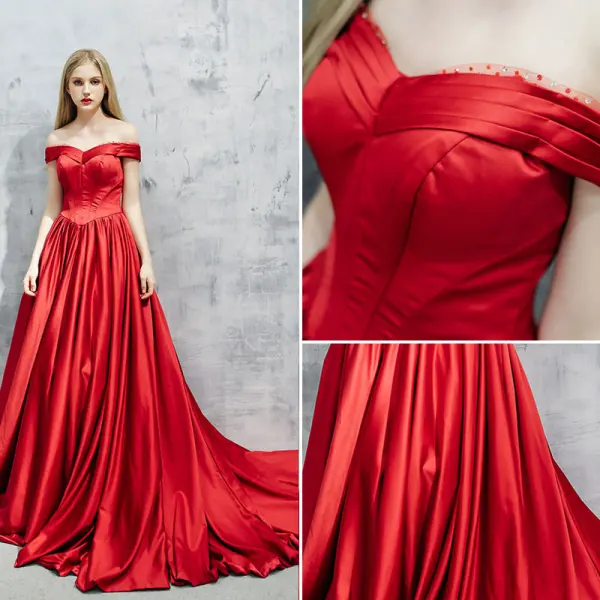 Simple Rouge Robe De Soirée 2017 Princesse De l'épaule Dos Nu Volants Satin Faux Diamant Robe De Ceremonie Chapel Train