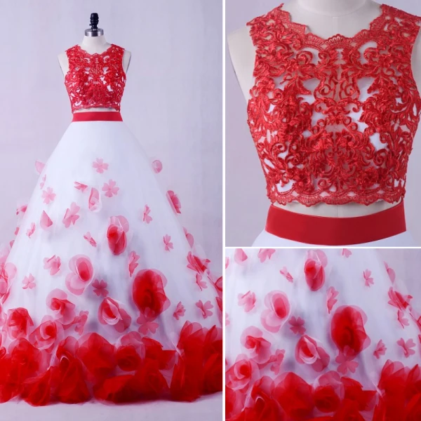 Stunning 2 Piece Red White Wedding Dresses 2017 Scoop Neck Strapless Sleeveless Ruffle Flower Ball Gown Chapel Train