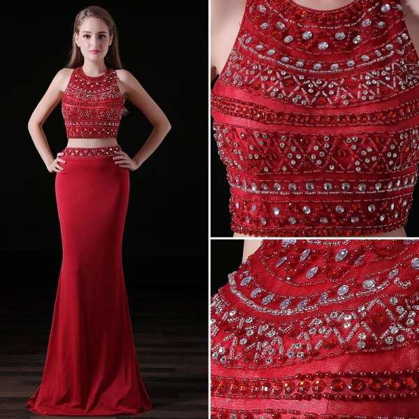 Sparkly 2 Piece Burgundy Evening Dresses 2017 Trumpet / Mermaid Halter Sleeveless Beading Crystal Rhinestone Satin Chiffon Backless Formal Dresses