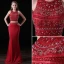 Sparkly 2 Piece Burgundy Evening Dresses  2017 Trumpet / Mermaid Halter Sleeveless Beading Crystal Rhinestone Satin Chiffon Backless Formal Dresses