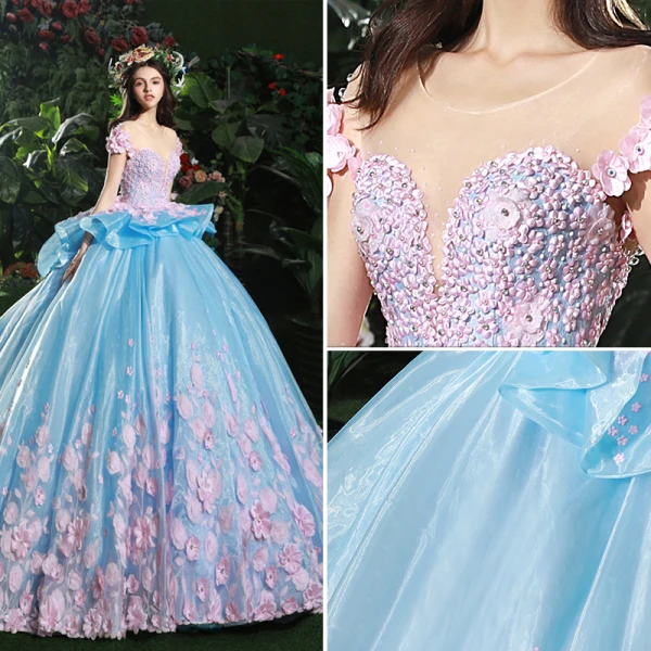Étourdissant Robe De Mariée 2017 Encolure Dégagée Manches Courtes Dos Nu Appliques Rougissant Rose Fleur Organza Volants Robe Boule Chapel Train