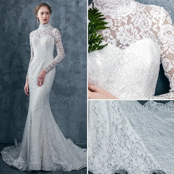 Vintage / Originale Ivoire Dentelle Robe De Mariée 2017 Trompette / Sirène Col Haut Manches Longues Dos Nu Laçage Tribunal Train