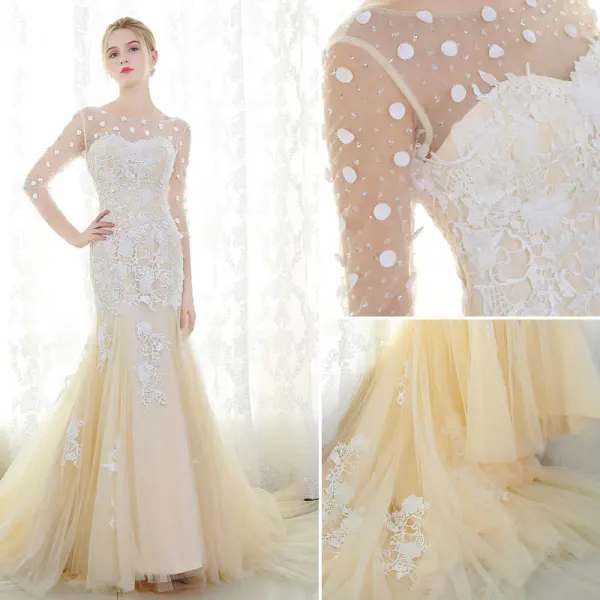 Romantique Champagne Robe De Mariée 2017 Trompette / Sirène 3/4 Manches Appliques En Dentelle Fleur Perlage Cristal Volants Tribunal Train