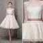 Elegant Champagne Wedding Dresses 2017 A-Line / Princess Square Neckline Short Sleeve Appliques Lace Bow Sash Pearl Knee-Length