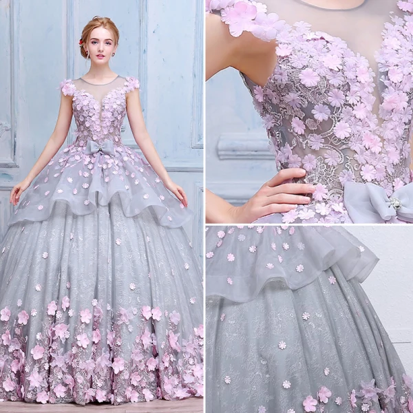Stunning Amazing / Unique Wedding Dresses 2017 Scoop Neck Sleeveless Appliques Bow Lace Blushing Pink Flower Grey Organza Ball Gown Prom Dresses Chapel Train