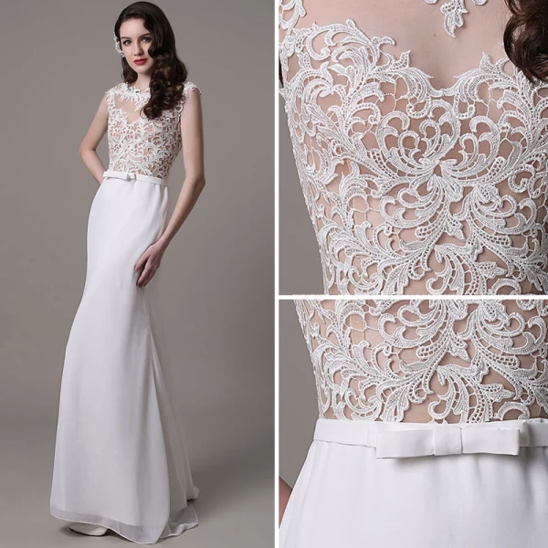 Modern / Fashion White Trumpet / Mermaid Beach Chiffon Wedding Dresses 2017 Scoop Neck Sleeveless Pearl Appliques Lace Sweep Train