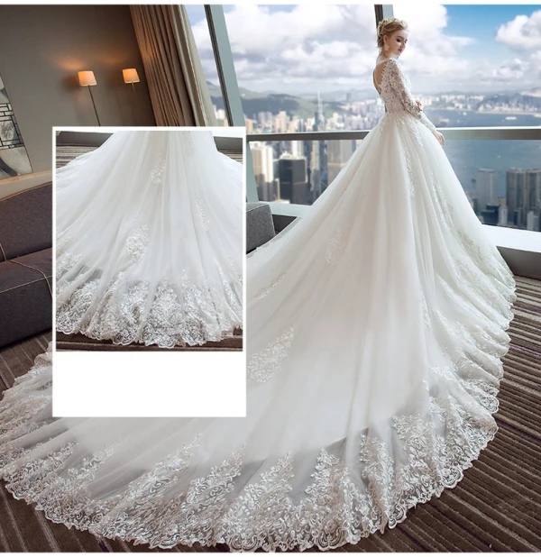 Elegant Ivory Wedding Dresses 2017 A-Line / Princess V-Neck Long Sleeve Backless Appliques Lace Beading Pearl