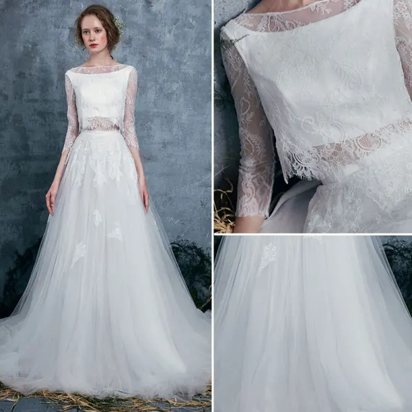 Bohême 2 Pièces Plage Robe De Mariée 2017 Princesse Manches Longues Appliques En Dentelle Blanche Volants Tulle Tribunal Train