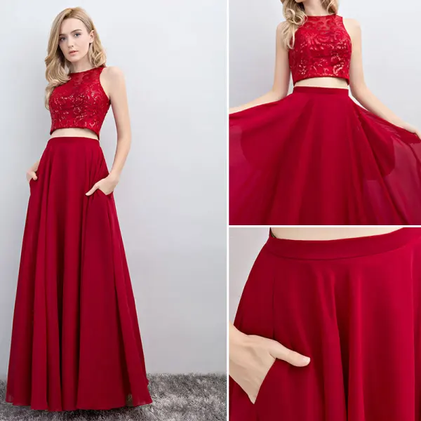 2 Pièces Bleu Marine Robe De Bal 2017 Princesse Encolure Dégagée Sans Manches Longue Volants Chiffon Robe De Ceremonie