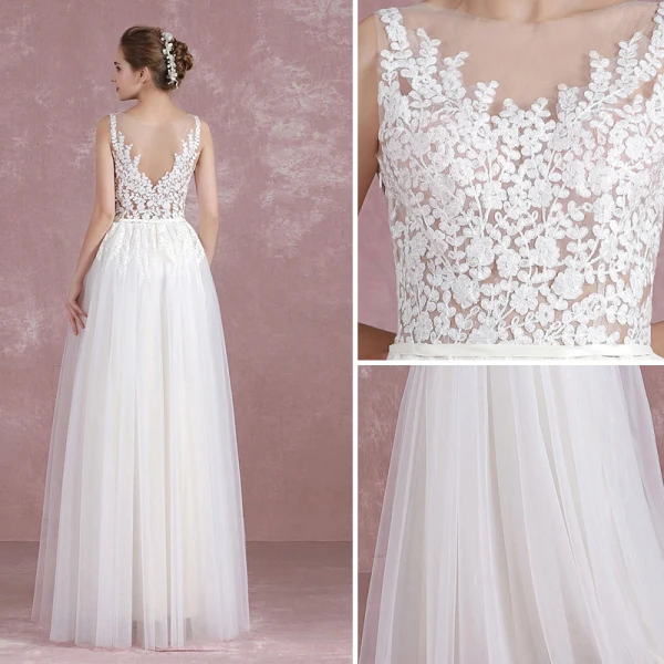 Chic / Belle Ivoire Robe De Mariée 2017 Princesse Encolure Dégagée Sans Manches Percé Dentelle Volants Tulle Ceinture Longue