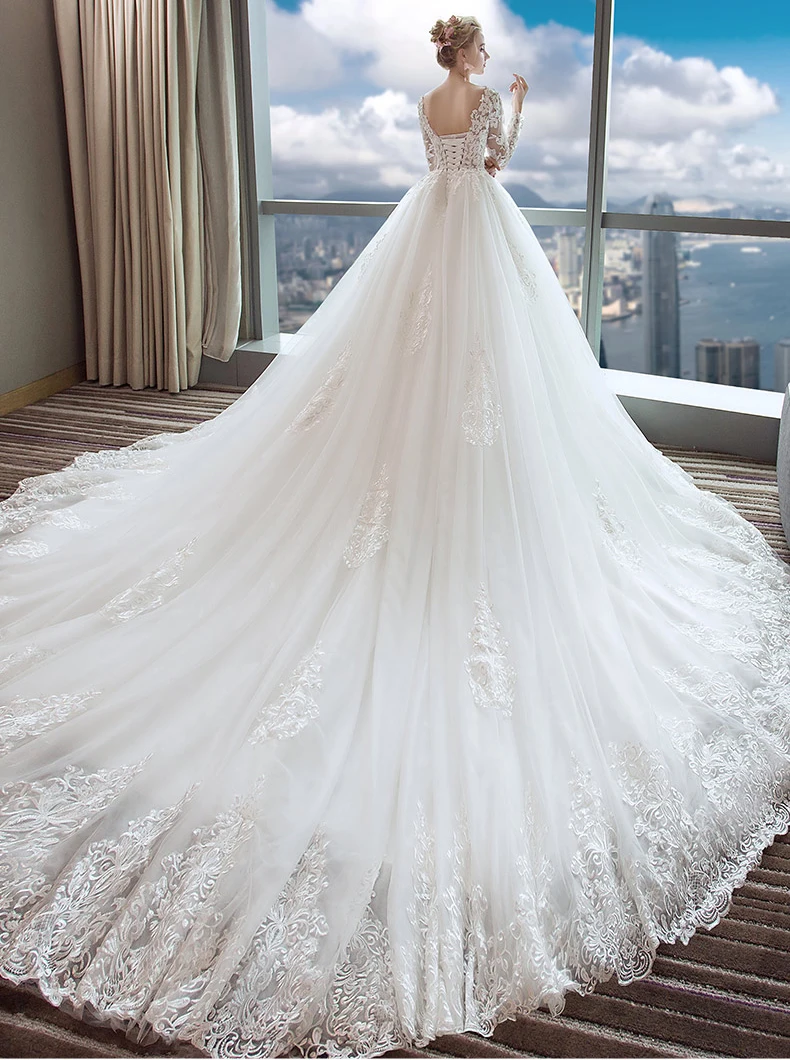 Elegant Ivory Wedding Dresses 2017 A Line Princess V Neck Long Sleeve  Backless Appliques Lace Beading Pearl