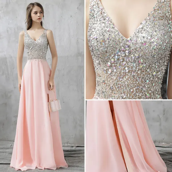 Glittrande Rodnande Rosa Balklänningar 2017 Halterneck Beading Rhinestone Paljetter Slits Fram Långa Chiffong Formella Klänningar
