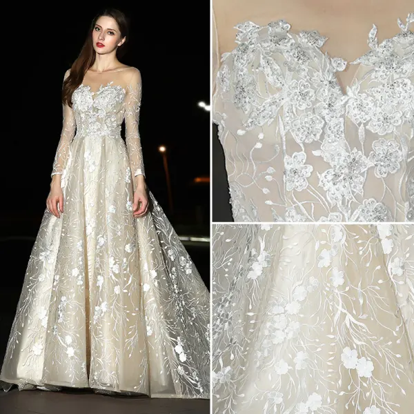 Modern / Fashion Champagne Wedding Dresses 2017 A-Line / Princess Square Neckline Long Sleeve Appliques Lace Sweep Train