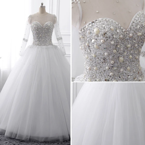 Luxury / Gorgeous White Crystal Wedding Dresses 2017 Scoop Neck Long Sleeve Beading Rhinestone Pearl Sequins Floor-Length / Long Ball Gown