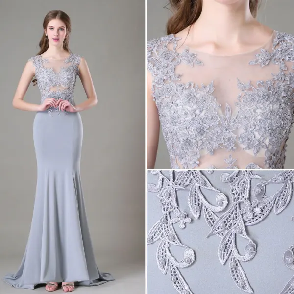 Modern / Fashion Silver Evening Dresses 2017 Scoop Neck Sleeveless Appliques Lace Beading Trumpet / Mermaid Formal Dresses Sweep Train