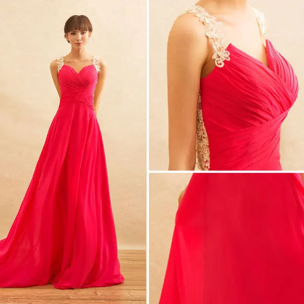 Chic / Beautiful Fuchsia Evening Dresses  2017 A-Line / Princess V-Neck Sleeveless Appliques Lace Chiffon Formal Dresses Court Train