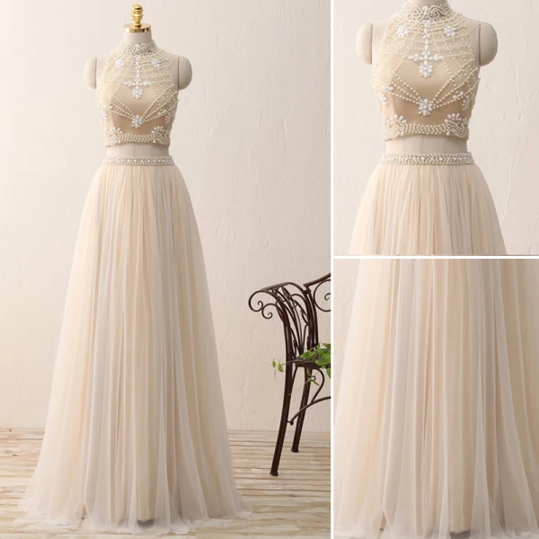 2 Piece Bohemia Champagne Prom Dresses 2017 A-Line / Princess High Neck Sleeveless Beading Ruffle Tulle Floor-Length / Long Formal Dresses