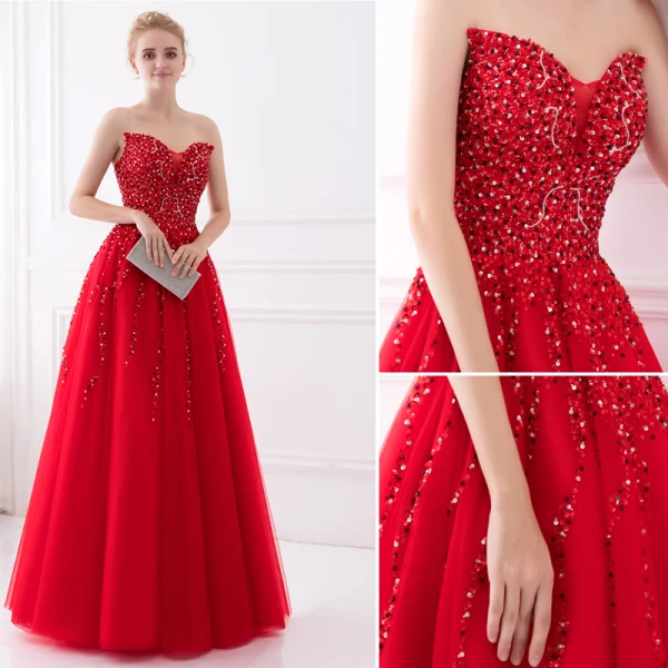 Sparkly Rød Ballkjoler 2017 Prinsesse Uten Ermer Fantastiske / Unike Kjæreste Ryggløse Beading Paljetter Lange Tyll Formelle Kjoler