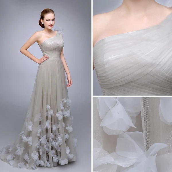 Chic / Beautiful Grey One-Shoulder Prom Dresses 2017 A-Line / Princess Sleeveless Ruffle Tulle Flower Floor-Length / Long Formal Dresses