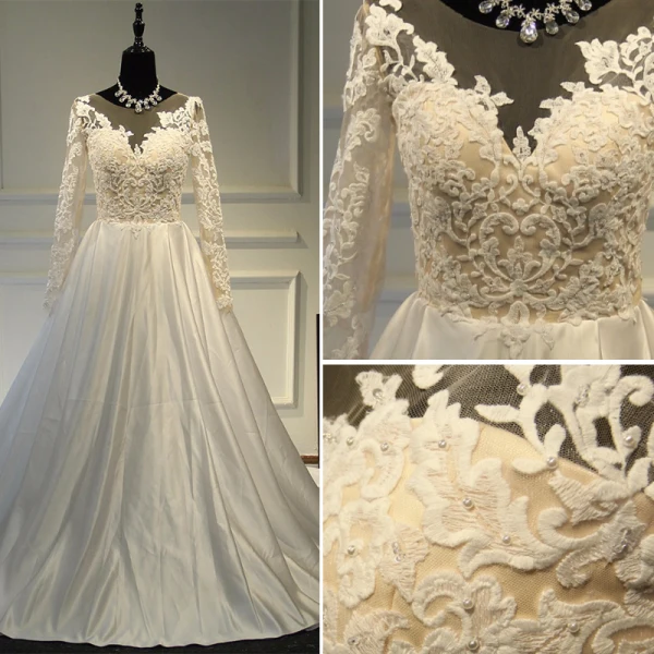 Élégant Robe De Mariée 2017 Princesse Encolure Dégagée Manches Longues Appliques En Dentelle Ivoire Satin Chapel Train