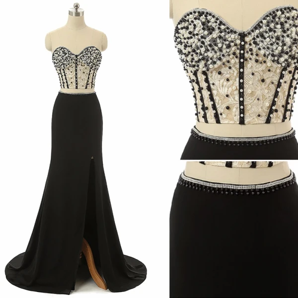 Luksus 2 Stykker Svart Ballkjoler 2017 Trompet / Havfrue Kjæreste Uten Ermer Beading Perle Chiffon Fendue devant Formelle Kjoler Feie Tog
