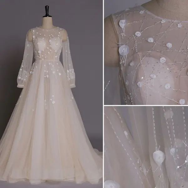 Luxe Fait main Champagne Robe De Mariée 2017 Princesse Encolure Dégagée Manches Longues Perlage Tulle Chapel Train