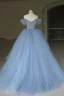 Modeste Bleu Ciel Dentelle 3D Appliques Volants en Cascade Robe De Bal 2024 Robe Boule De l'épaule Manches Courtes Dos Nu Longue Promo Robe De Ceremonie