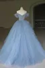 Modest  Sky Blue 3D Lace Appliques Cascading Ruffles Prom Dresses 2024 Ball Gown Off-The-Shoulder Short Sleeve Backless Floor-Length / Long Prom Formal Dresses