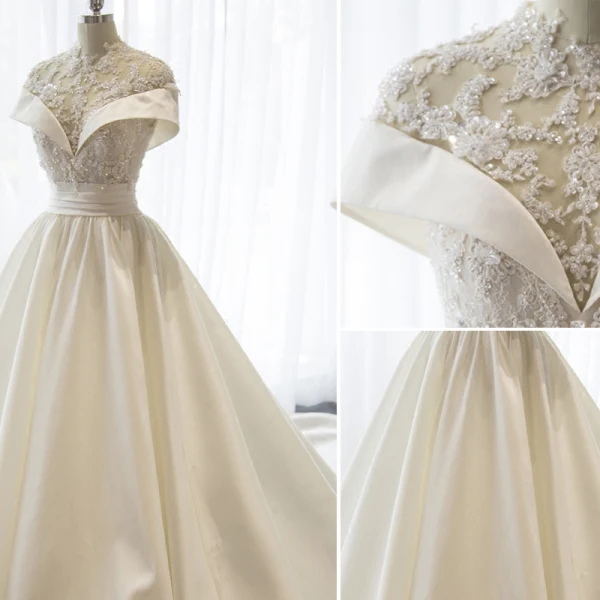 Chinese style White Wedding Dresses 2017 High Neck Short Sleeve Backless Beading Sequins Ruffle Satin Lace Chapel Train