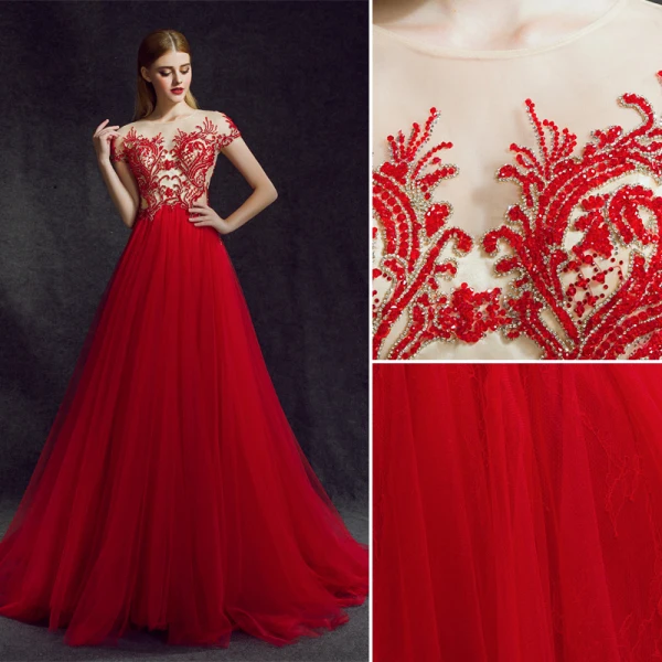 Stunning Red Evening Dresses 2018 A-Line / Princess Scoop Neck Zipper Up Beading Floor-Length / Long Ruffle Tulle Formal Dresses