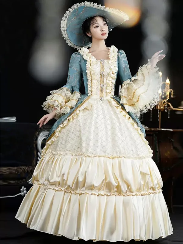 Vintage / Retro Medieval Bling Bling Champagne Ocean Blue Prom Dresses 2024 3D Lace Beading Floor-Length / Long U-Neck Cosplay Long Sleeve Ball Gown Prom