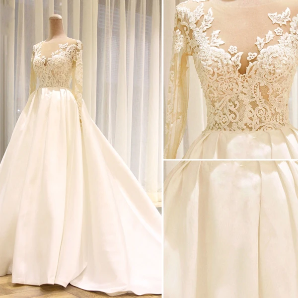 Amazing / Unique White Wedding Dresses 2017 Scoop Neck Satin Lace Ruffle Appliques Backless Long Sleeve Covered Button Chapel Train Ball Gown