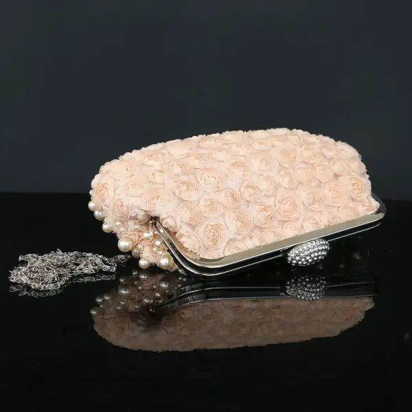 Romantisk Härlig Rodnande Rosa Kuvertväska Beading Pärla Handgjort Velour Bröllop Fest Afton Tillbehör 2019